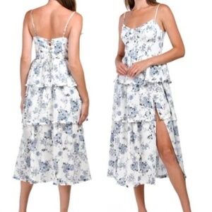 House of Harlow 1960 Midi Dress White Blue Floral Tiered Ruffles Linen Blend